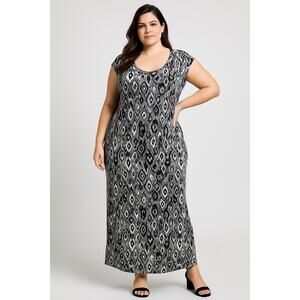 Colleen Lopez Plus Size 1X Maxi Dress Women Black White Grey Ikat Pattern